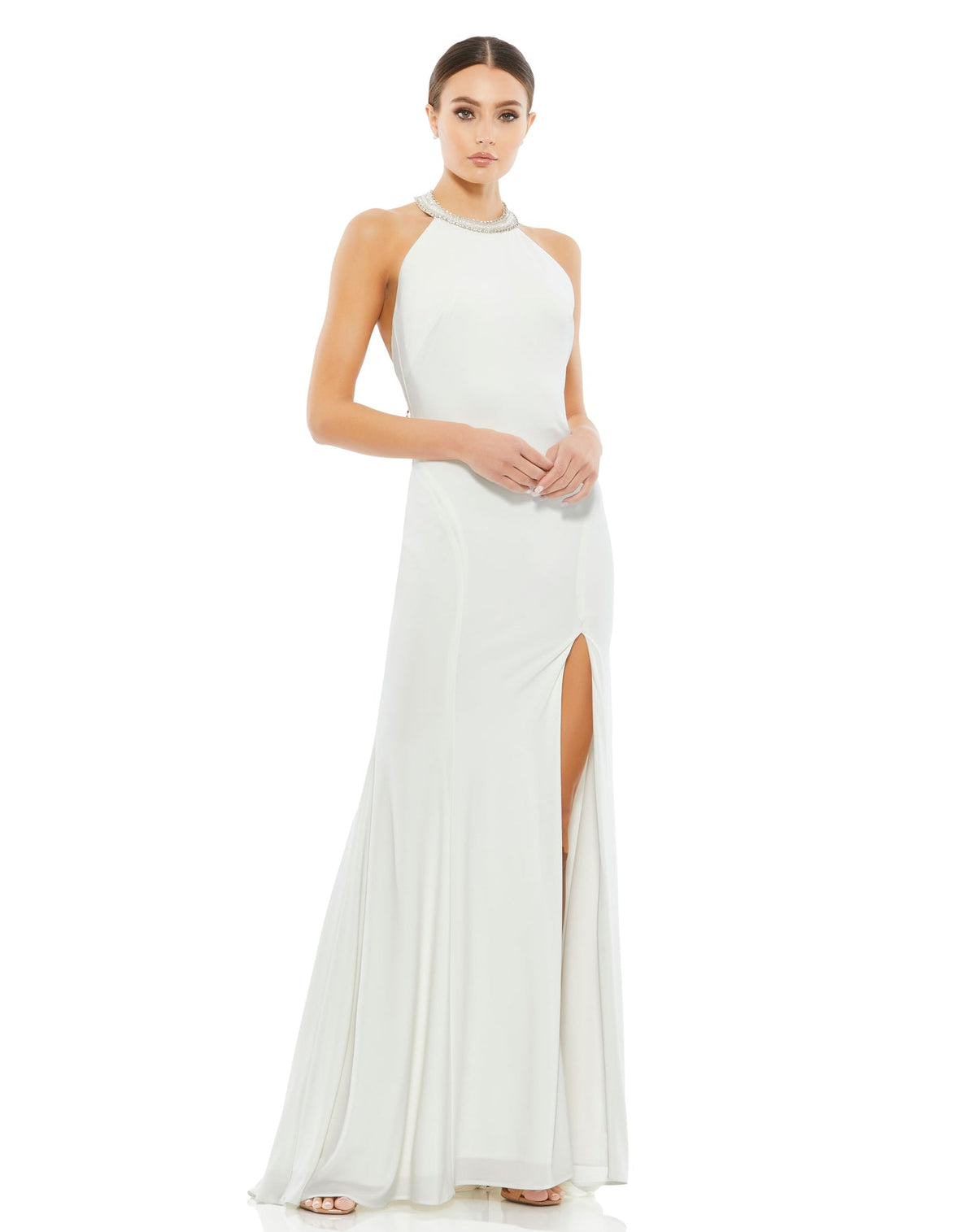 MAC DUGGAL, BEADED HALTER JERSEY GOWN, Style #25572, WHITE