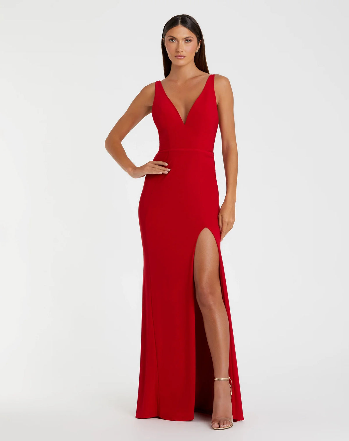 Mac Duggal, Vampy Plunge Red Bodycon Evening Gown w Side Split
