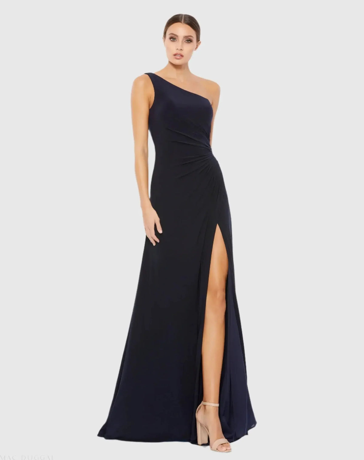 Mac Duggal Navy One Shoulder Ruched Jersey Evening Gown Blue #26163