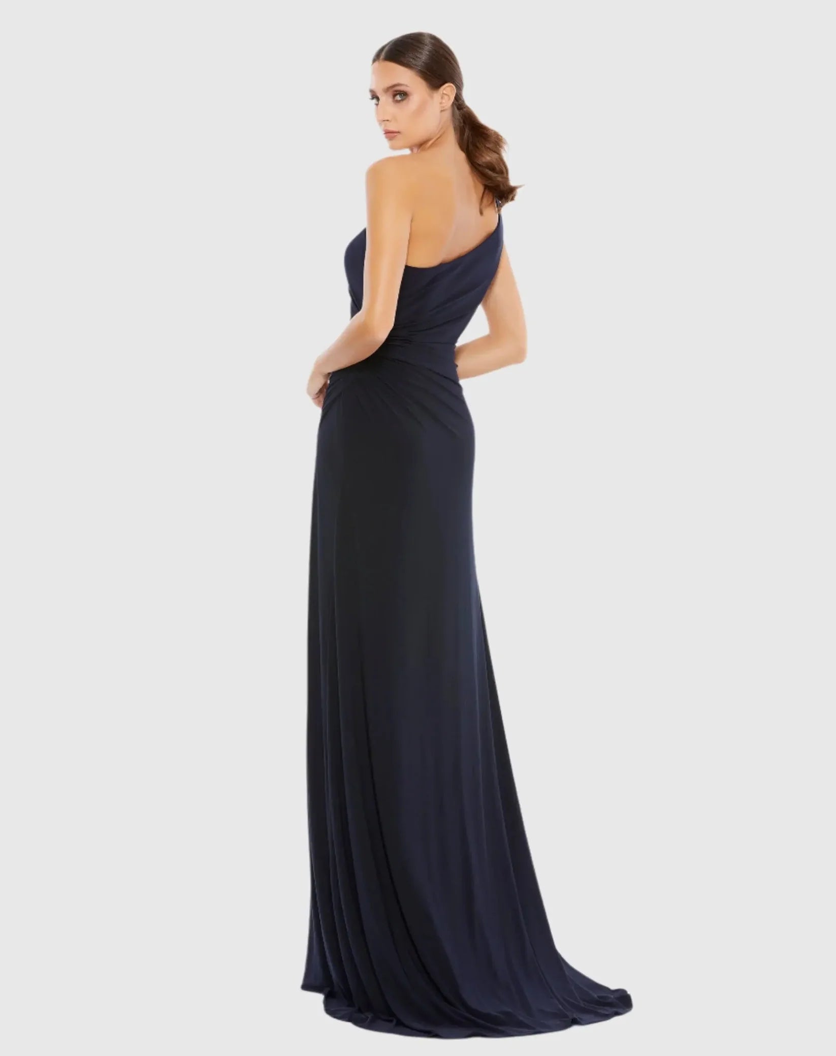 Mac Duggal Navy One Shoulder Ruched Jersey Evening Gown Blue #26163