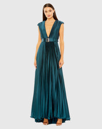 Pleated Plunge Neck Belted A Line Gown - Raspberry