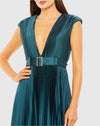 Pleated Plunge Neck Belted A Line Gown - Raspberry