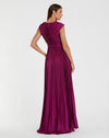 Pleated Plunge Neck Belted A Line Gown - Raspberry