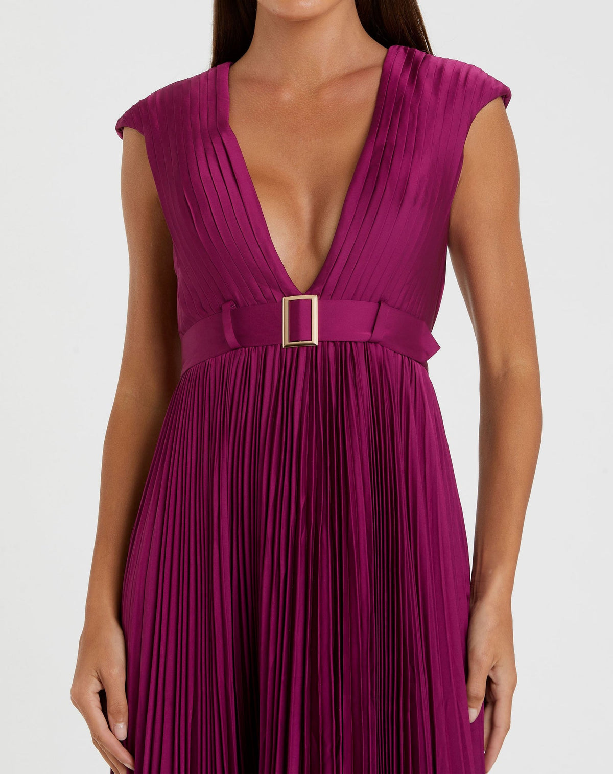 Pleated Plunge Neck Belted A Line Gown - Raspberry
