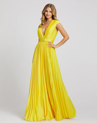 Pleated Plunge Neck Belted A Line Gown - Raspberry