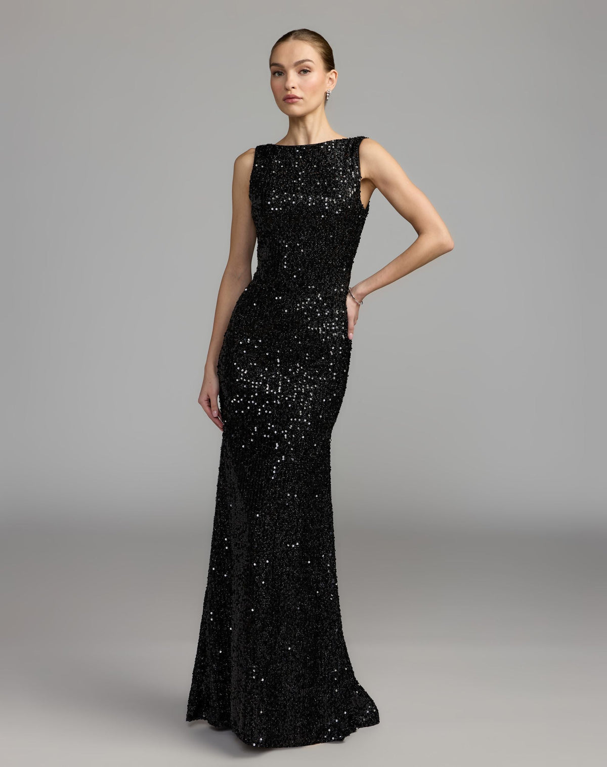 Mac Duggal #26331 black cowl back boat neck sequined evening gown