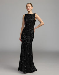 Mac Duggal #26331 black cowl back boat neck sequined evening gown