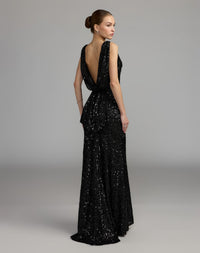 Mac Duggal #26331 black cowl back boat neck sequined evening gown