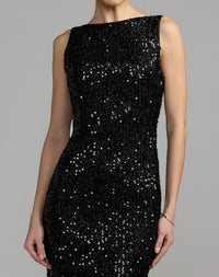 Mac Duggal #26331 black cowl back boat neck sequined evening gown