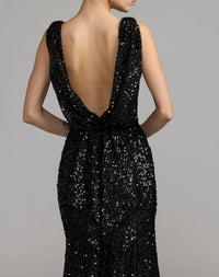Mac Duggal #26331 black cowl back boat neck sequined evening gown