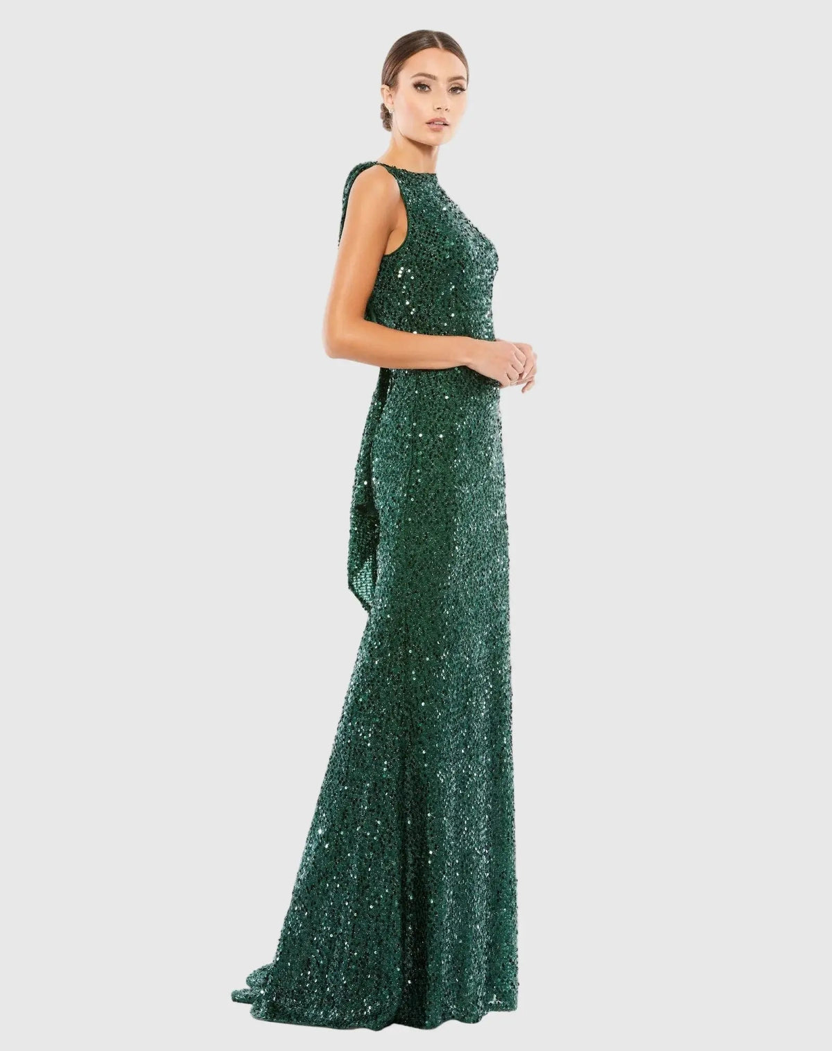 Mac Duggal #26331 emerald sleeveless cowl back sequin evening gown side