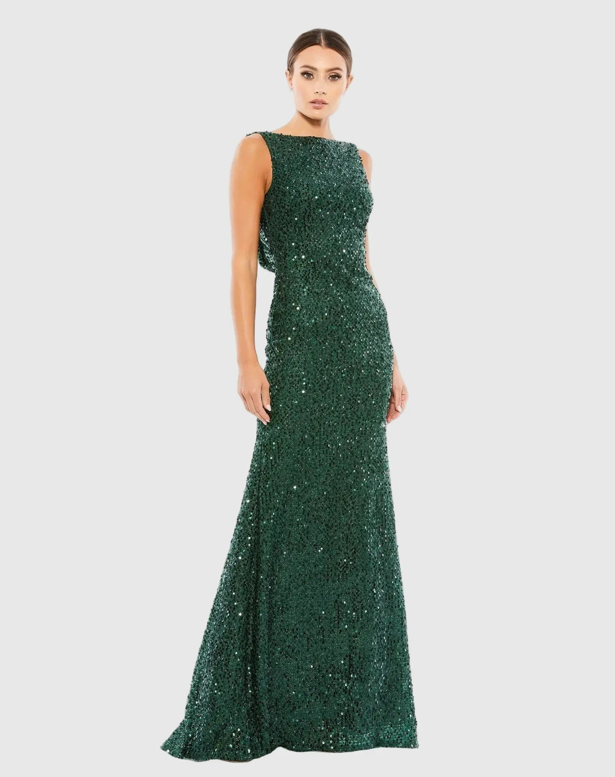 Mac Duggal #26331 emerald sleeveless cowl back sequin evening gown