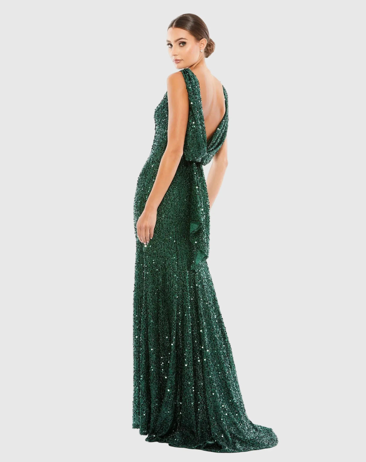 Mac Duggal #26331 emerald sleeveless cowl back sequin evening gown back