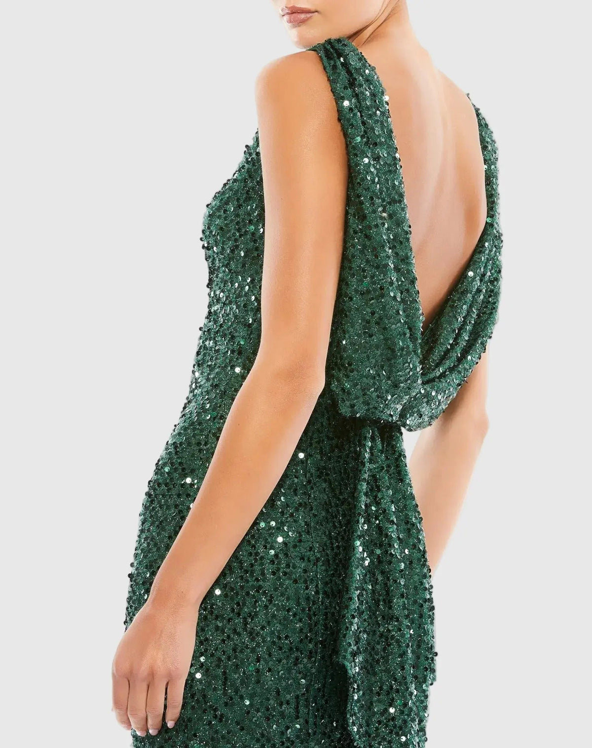 Mac Duggal #26331 emerald sleeveless cowl back sequin evening gown close-up