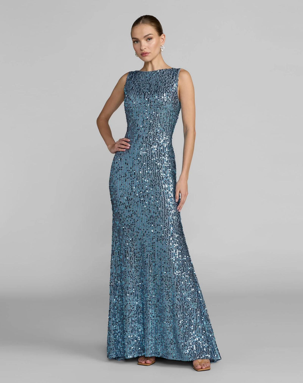 Mac Duggal Fusion Blue Sequined Sleeveless Drape Cowl Back Gown #26331