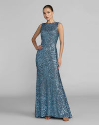 Mac Duggal Fusion Blue Sequined Sleeveless Drape Cowl Back Gown #26331