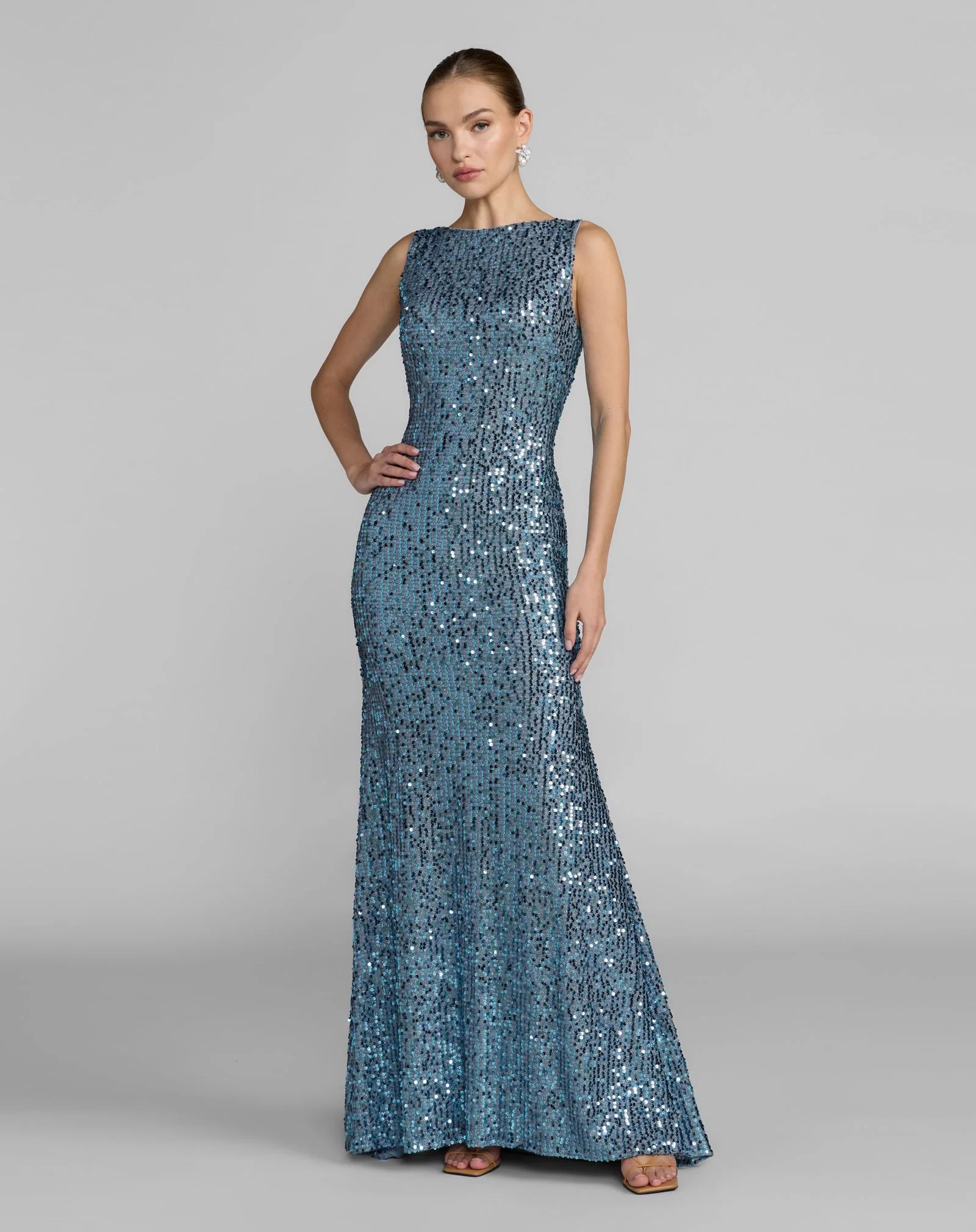 Mac Duggal Fusion Blue Sequined Sleeveless Drape Cowl Back Gown #26331
