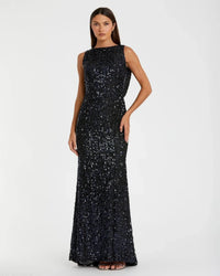Mac Duggal Midnight Sequined Sleeveless Draped Cowl Back Gown #26331

