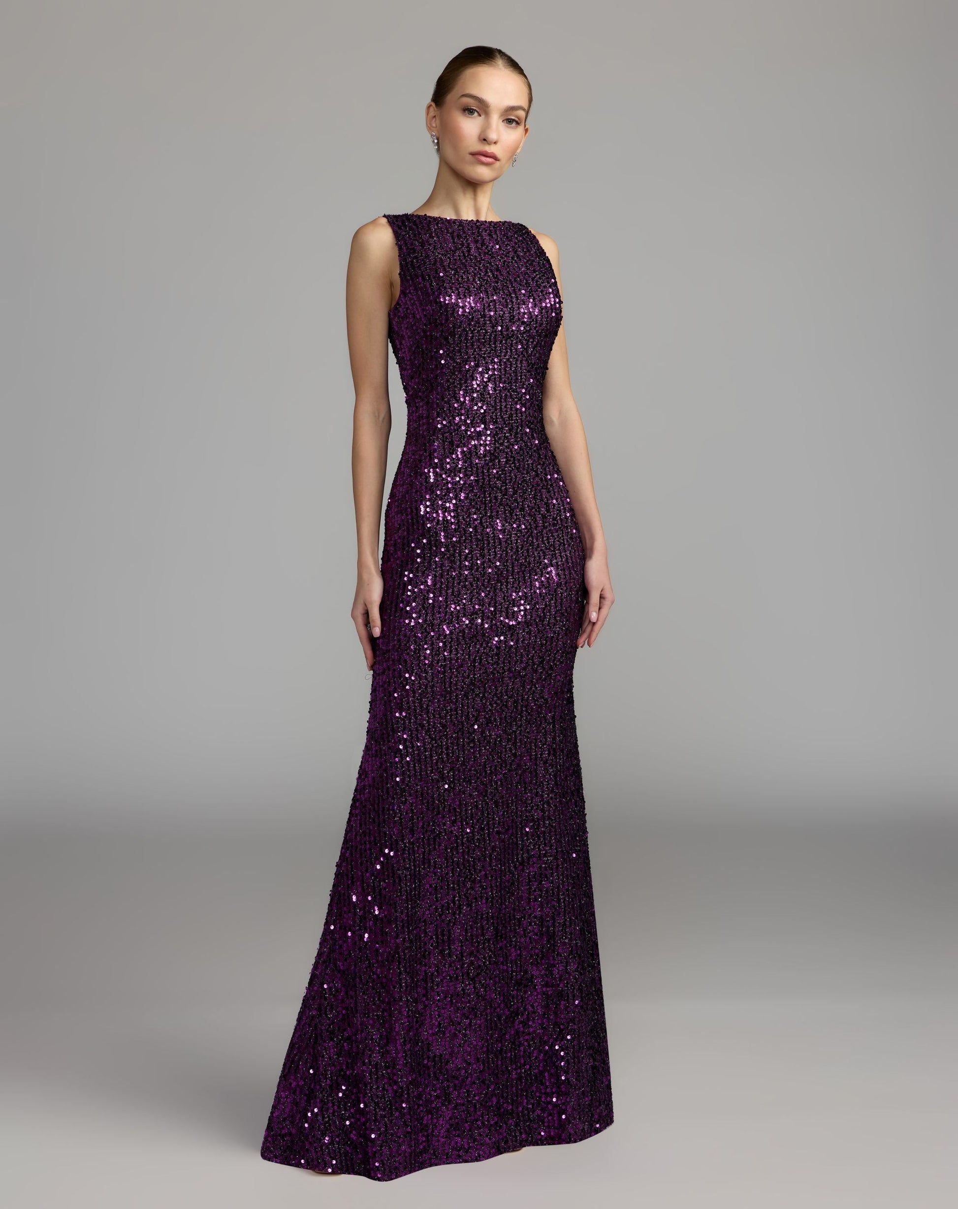 Mac Duggal #26331 plum sequin cowl back boat neck gown
