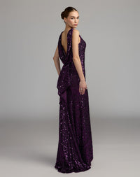 Mac Duggal #26331 plum gown open cowl back with bow