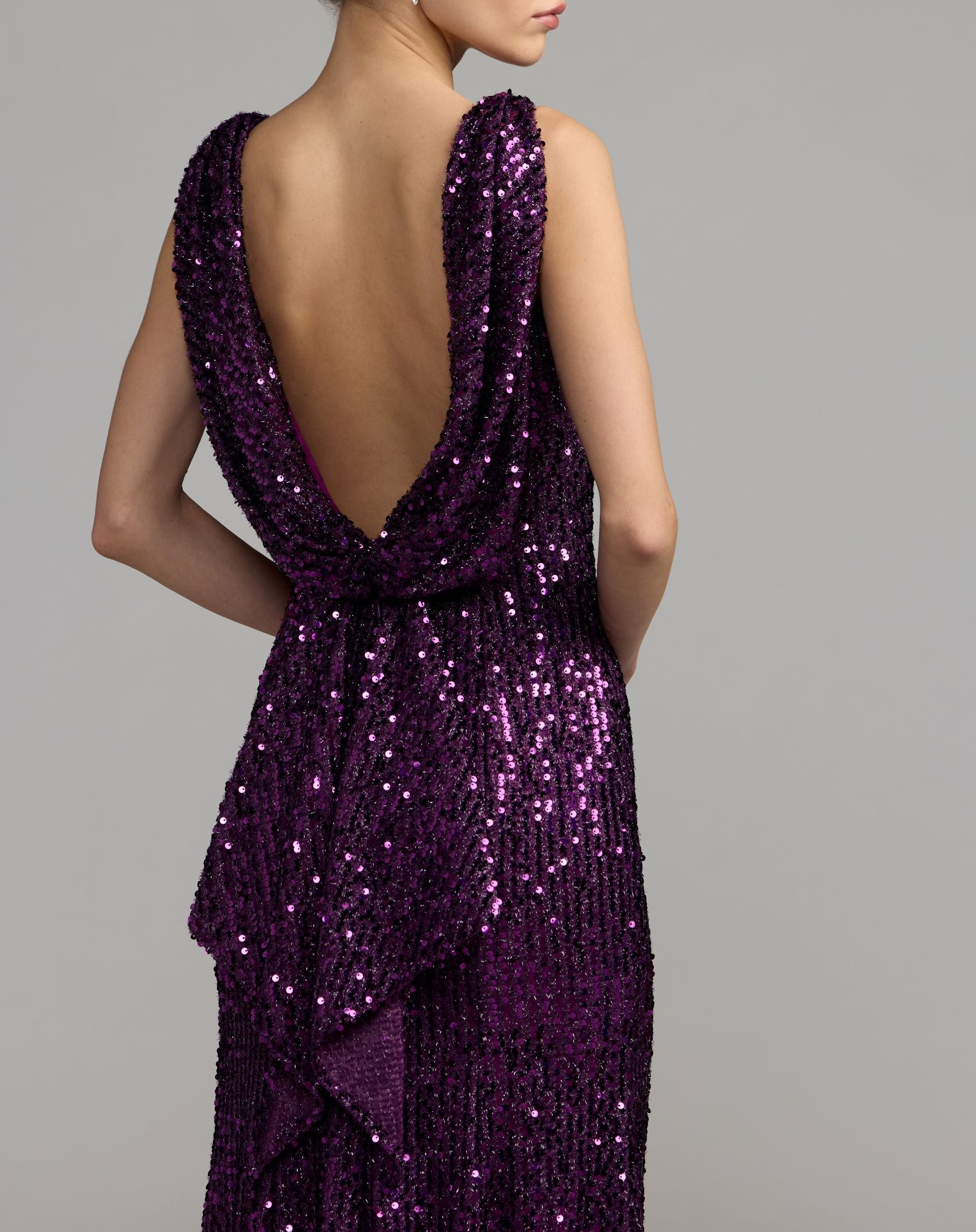 Mac Duggal #26331 plum sequin gown boat neckline detail