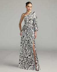Mac Duggal #2634 ivory multi abstract print one shoulder charmeuse gown with slit