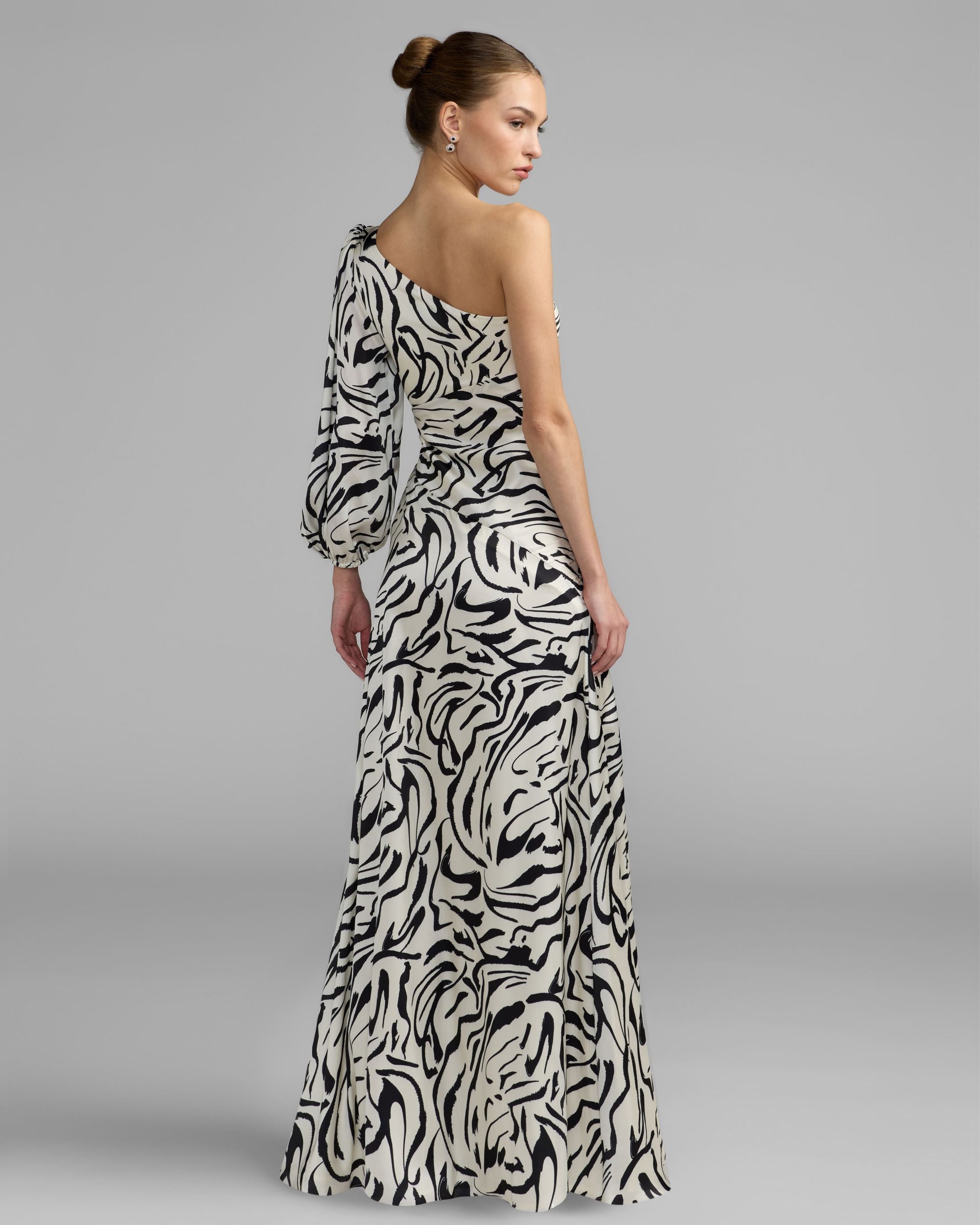 Mac Duggal #2634 ivory multi abstract print one shoulder charmeuse gown with slit
