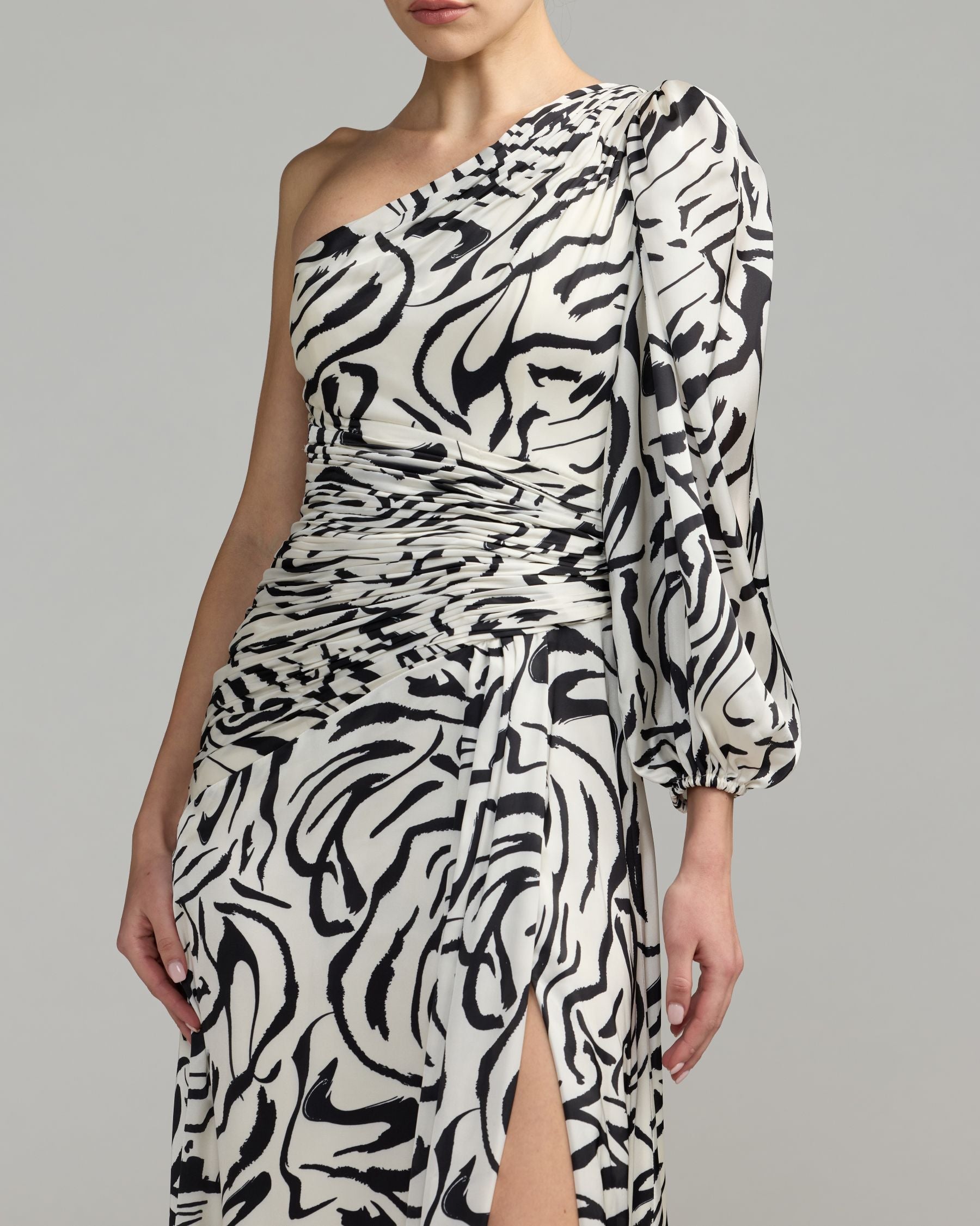 Mac Duggal #2634 ivory multi abstract print one shoulder charmeuse gown with slit