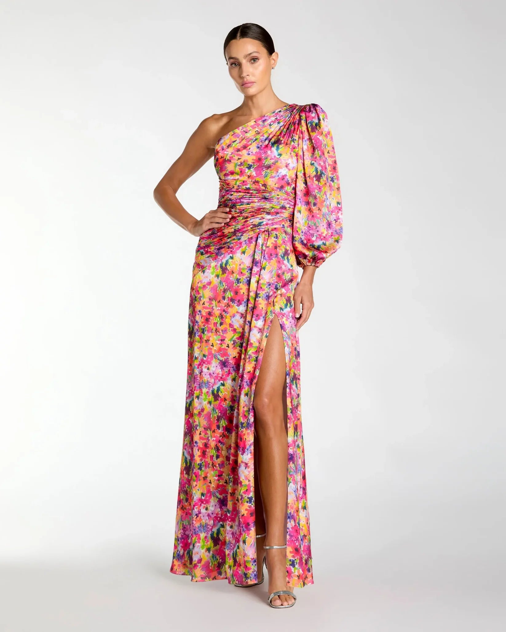 Mac Duggal #2634 Multicolor Floral One Shoulder Charmeuse Gown Slit