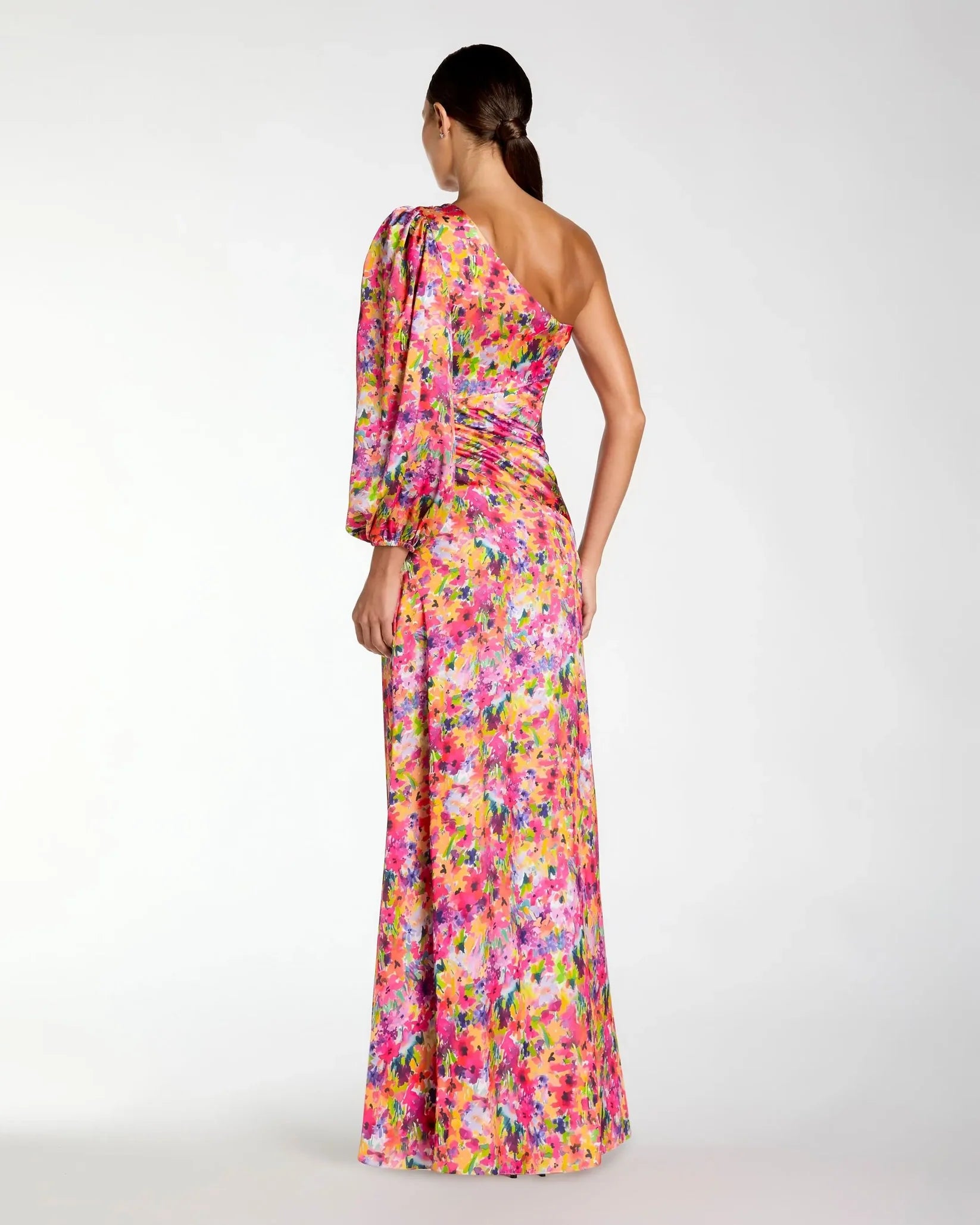 Mac Duggal #2634 Multicolor Floral One Shoulder Charmeuse Gown Slit back view