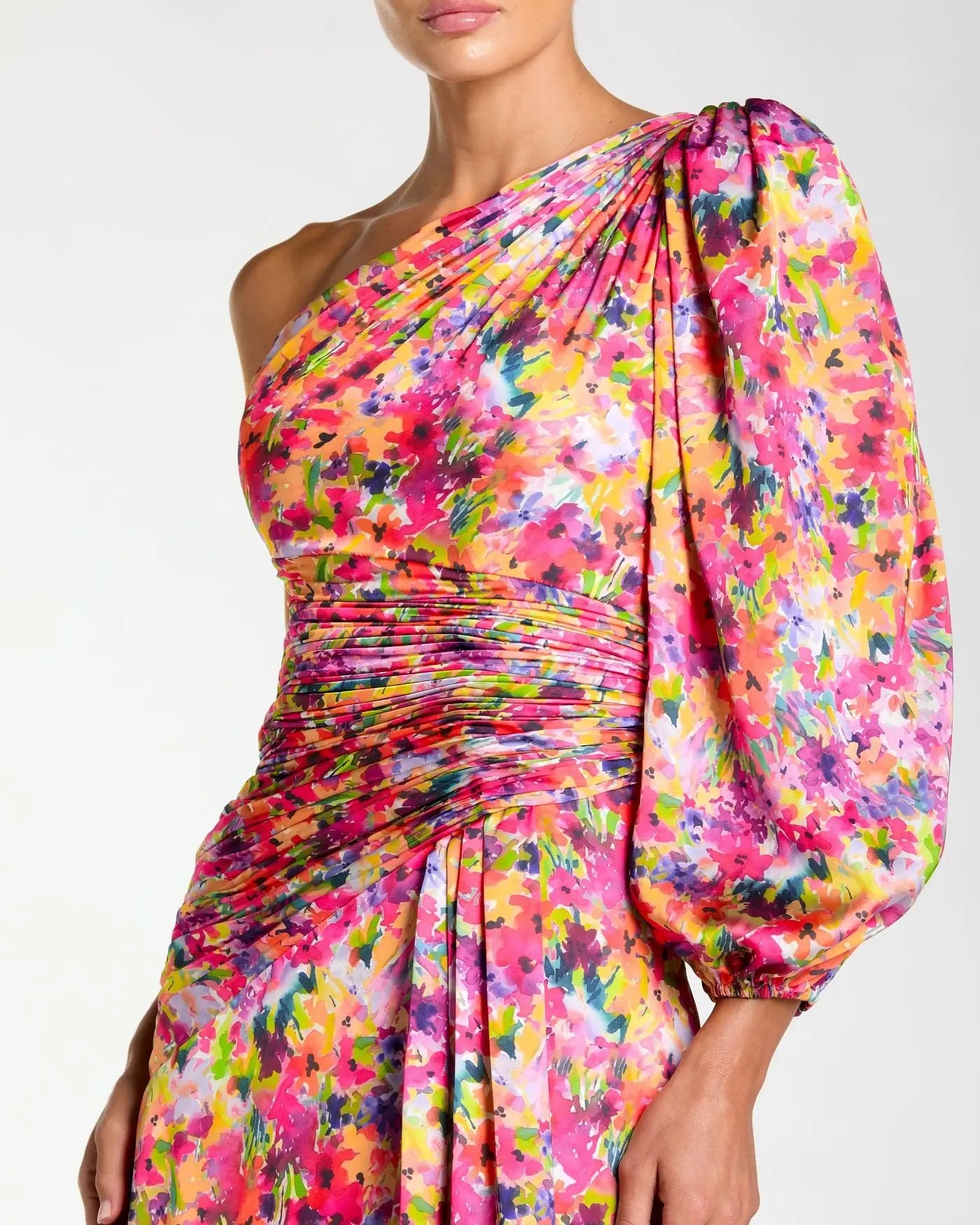 Mac Duggal #2634 Multicolor Floral One Shoulder Charmeuse Gown Slit close up