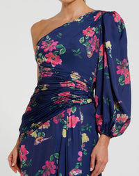Plum floral print one sleeve gown - Navy