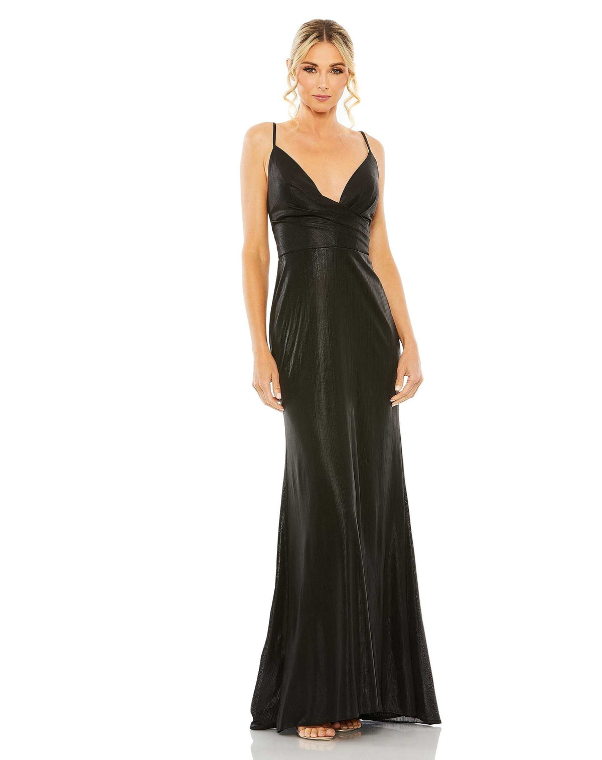 Mac Duggal Style #26408 Metallic faux wrap spaghetti strap gown - Black