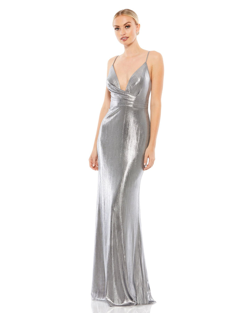 Mac Duggal Style #26408 Metallic faux wrap spaghetti strap gown - Silver