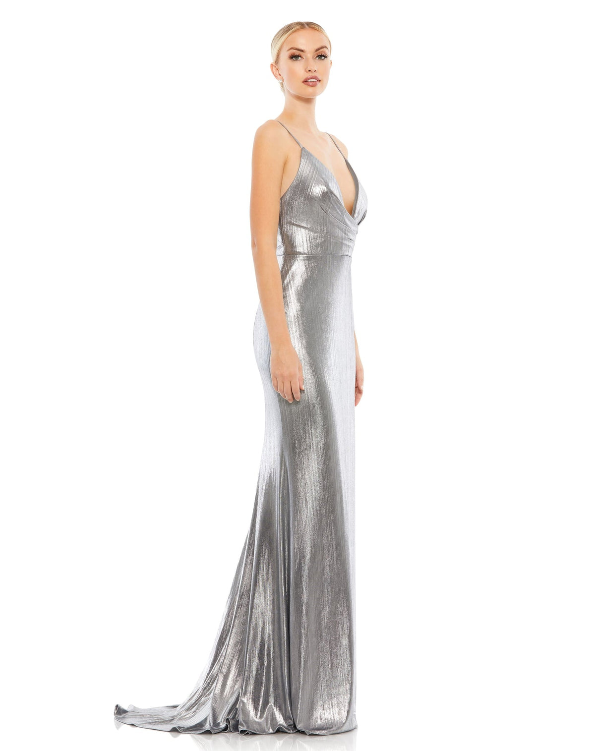 Mac Duggal Style #26408 Metallic faux wrap spaghetti strap gown - Silver side