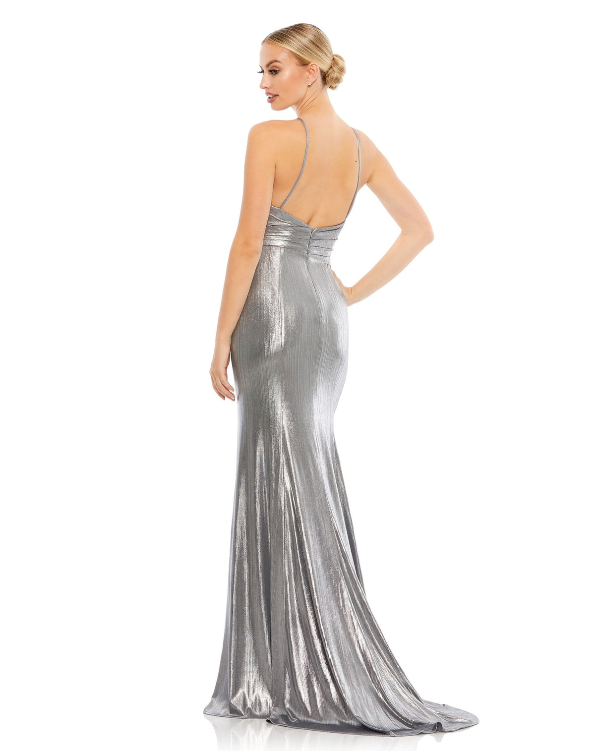 Mac Duggal Style #26408 Metallic faux wrap spaghetti strap gown - Silver back