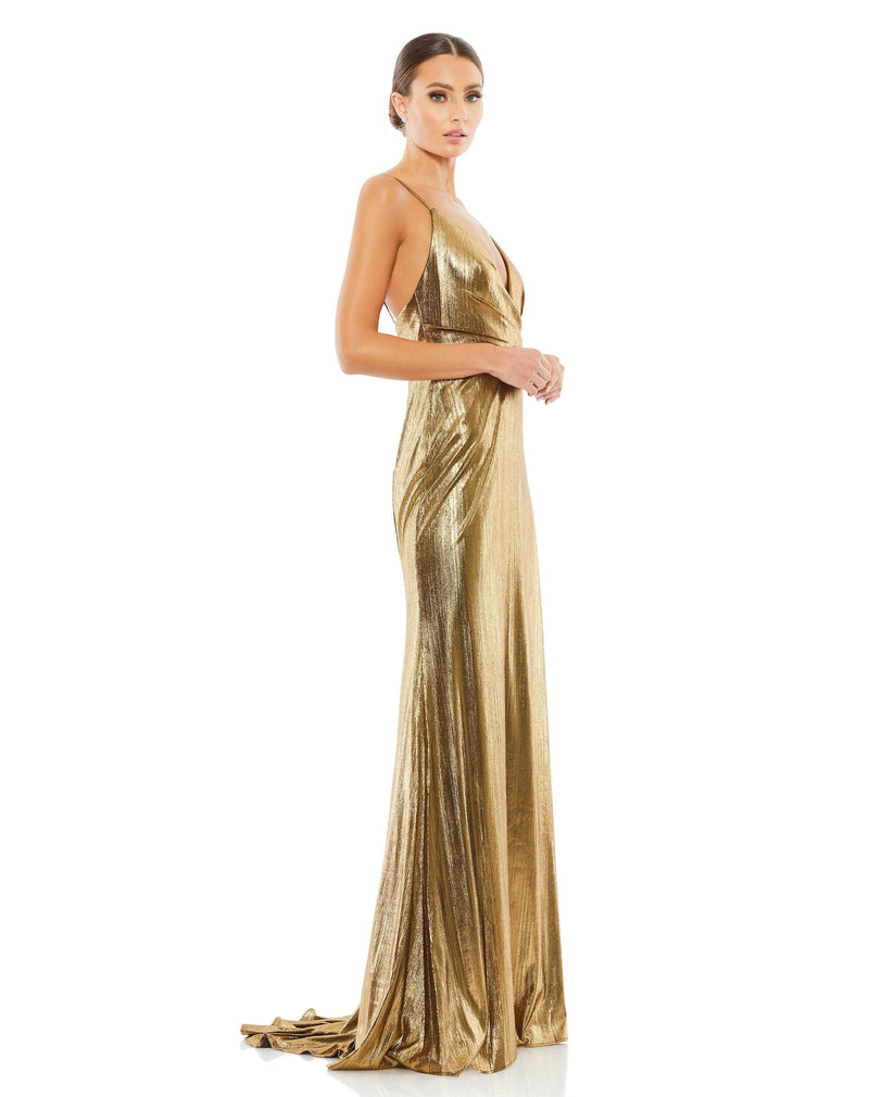Mac Duggal Style #26408 Metallic faux wrap spaghetti strap gown - Bronze side view