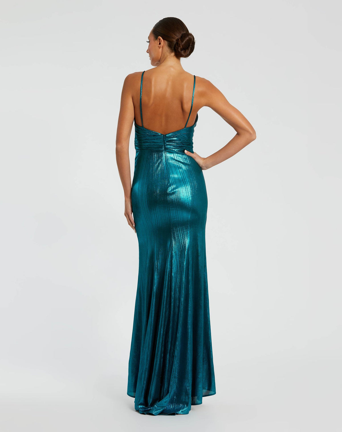 Metallic Faux Wrap Spaghetti Strap Gown - Teal
