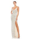 This elegant Mac Duggal, long, silver All over-sequined sleeveless gown with a plunging sweetheart neckline, a low scoop back, and a floor-length skirt featuring a high front slit and delicate sweeping train. This elegant evening dress is the perfect dress perfect for proms, black-tie affairs, weddings and special events!