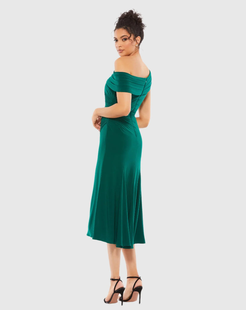 Ruched Off-The-Shoulder Midi Dress - White