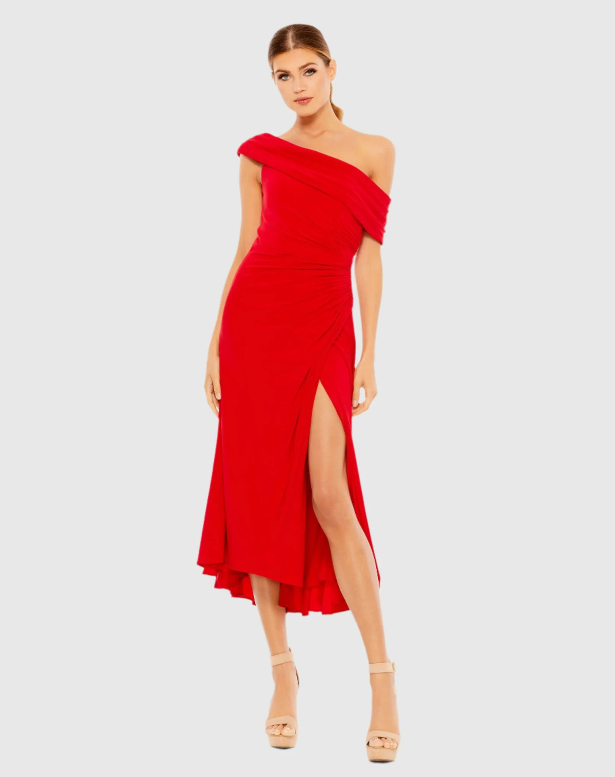 Mac Duggal Ruched Off-The-Shoulder Midi Dress #26484 Red 