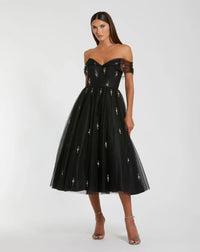 Mac Duggal 26498 Black pearl embellished off the shoulder A-line dress - front