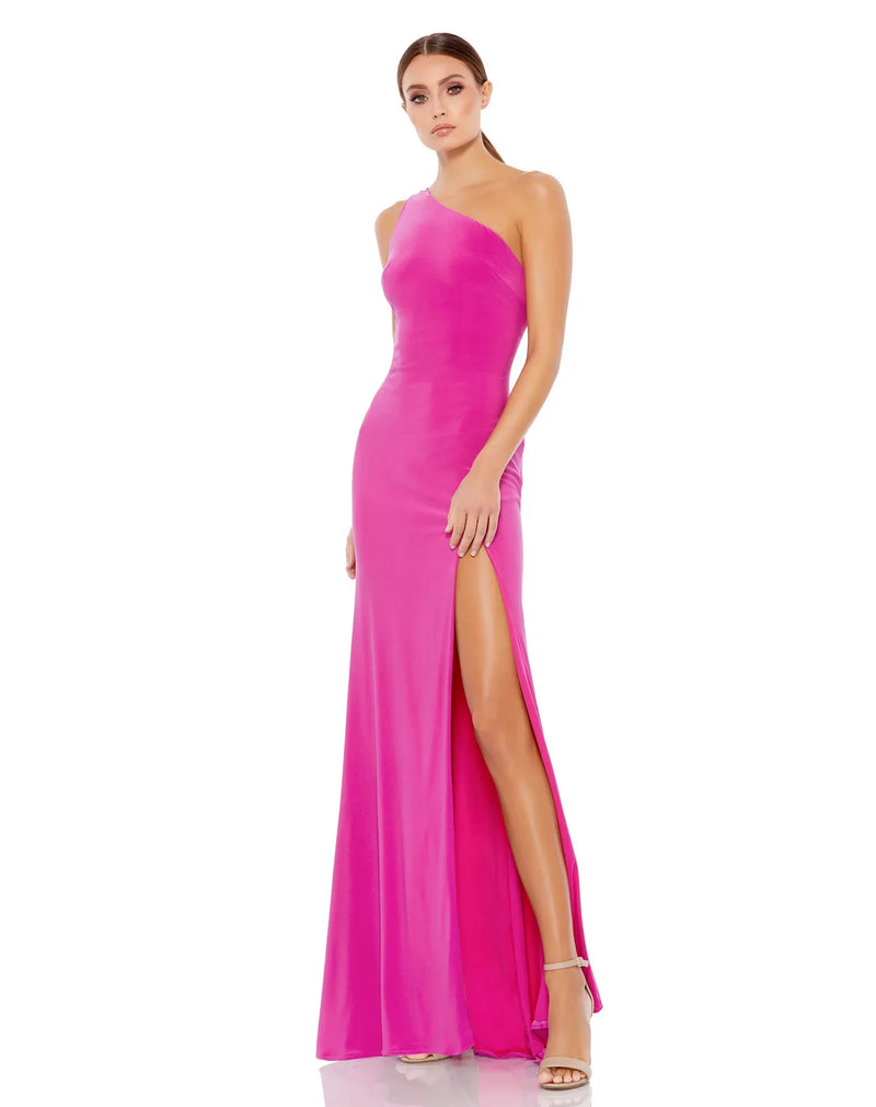 This playful Mac Duggal hot candy pink, floor-length, bodycon jersey, evening dress is a beautiful, simple and sleek, off-the-shoulder evening gown with a sexy open cowl back and a thigh-high slit. This gown is perfect for proms, black-tie affairs, weddings and special events!