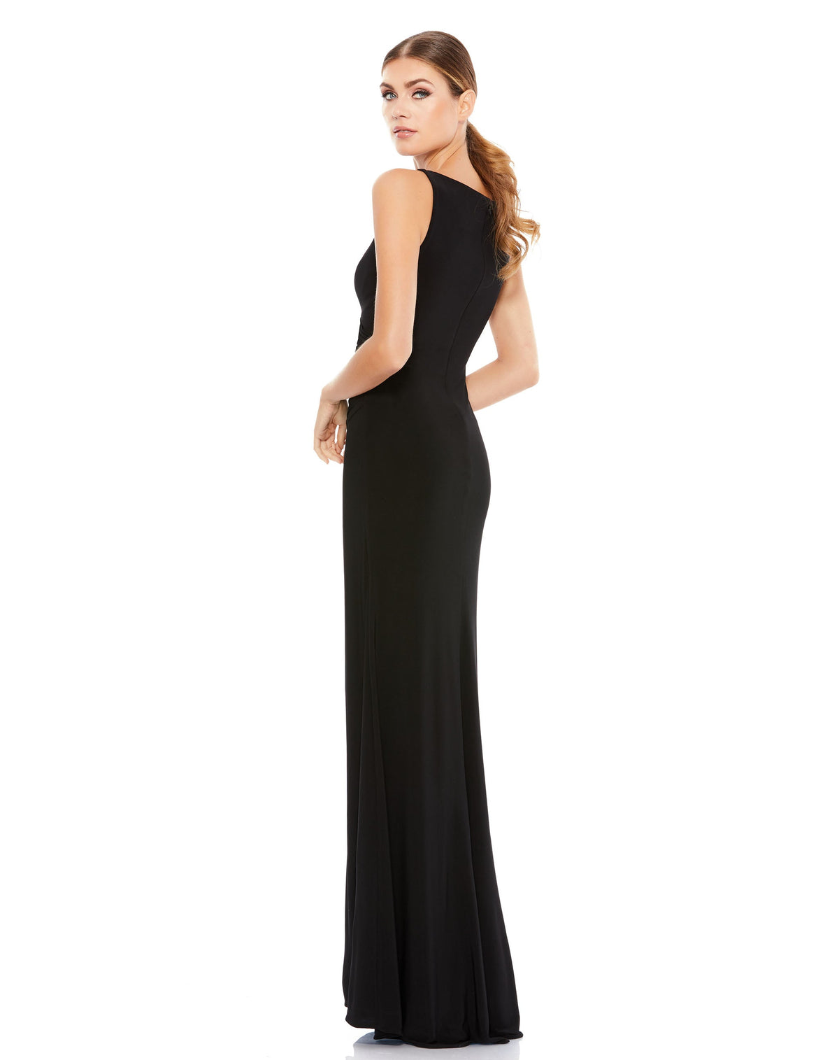 mac duggal dress, wedding guest dress, prom dress, bridesmaids dress, Style 26513, RUCHED STRETCH JERSEY V-NECK GOWN, black