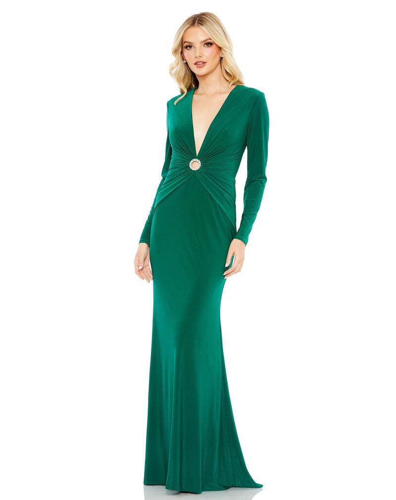 Mac Duggal, Style #26514 Gathered pearl long sleeve keyhole gown - Emerald