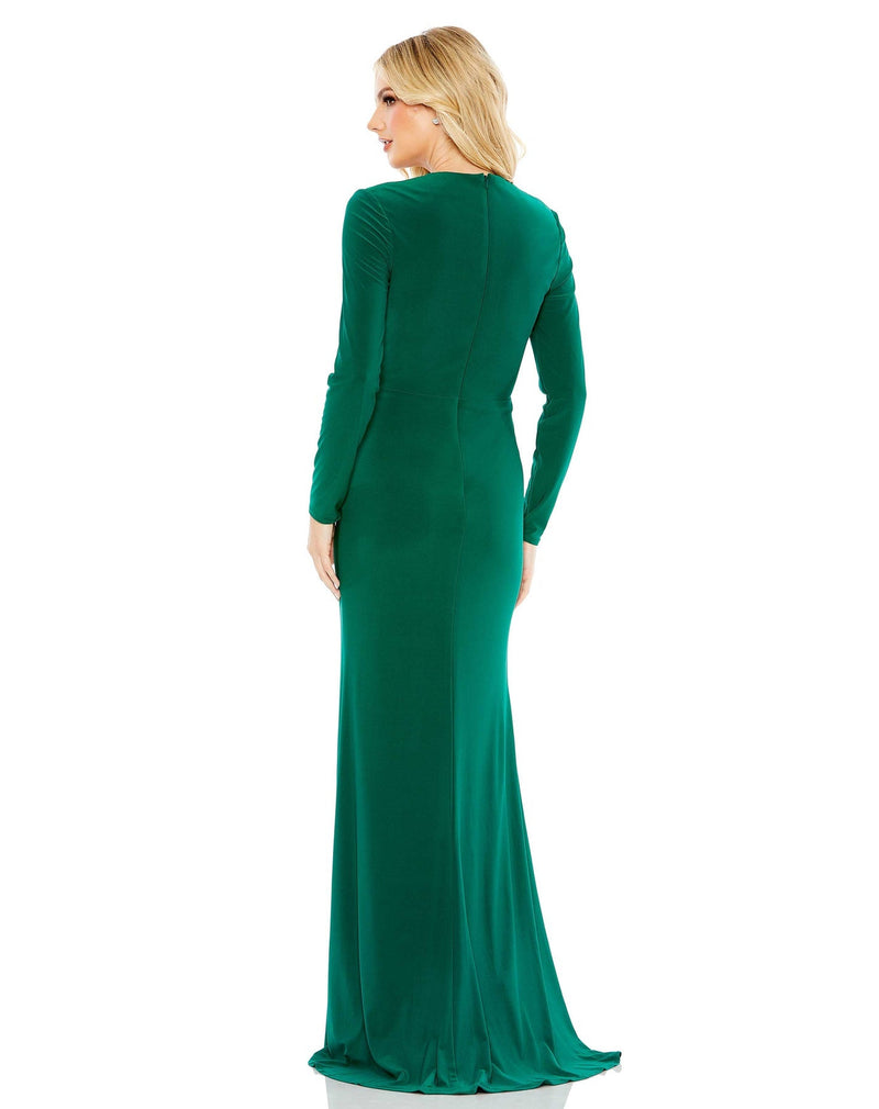 Mac Duggal, Style #26514 Gathered pearl long sleeve keyhole gown - emerald back view