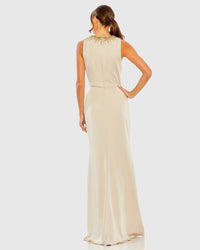 Beige High Neck Rhinestone Column Gown With Slit - Back