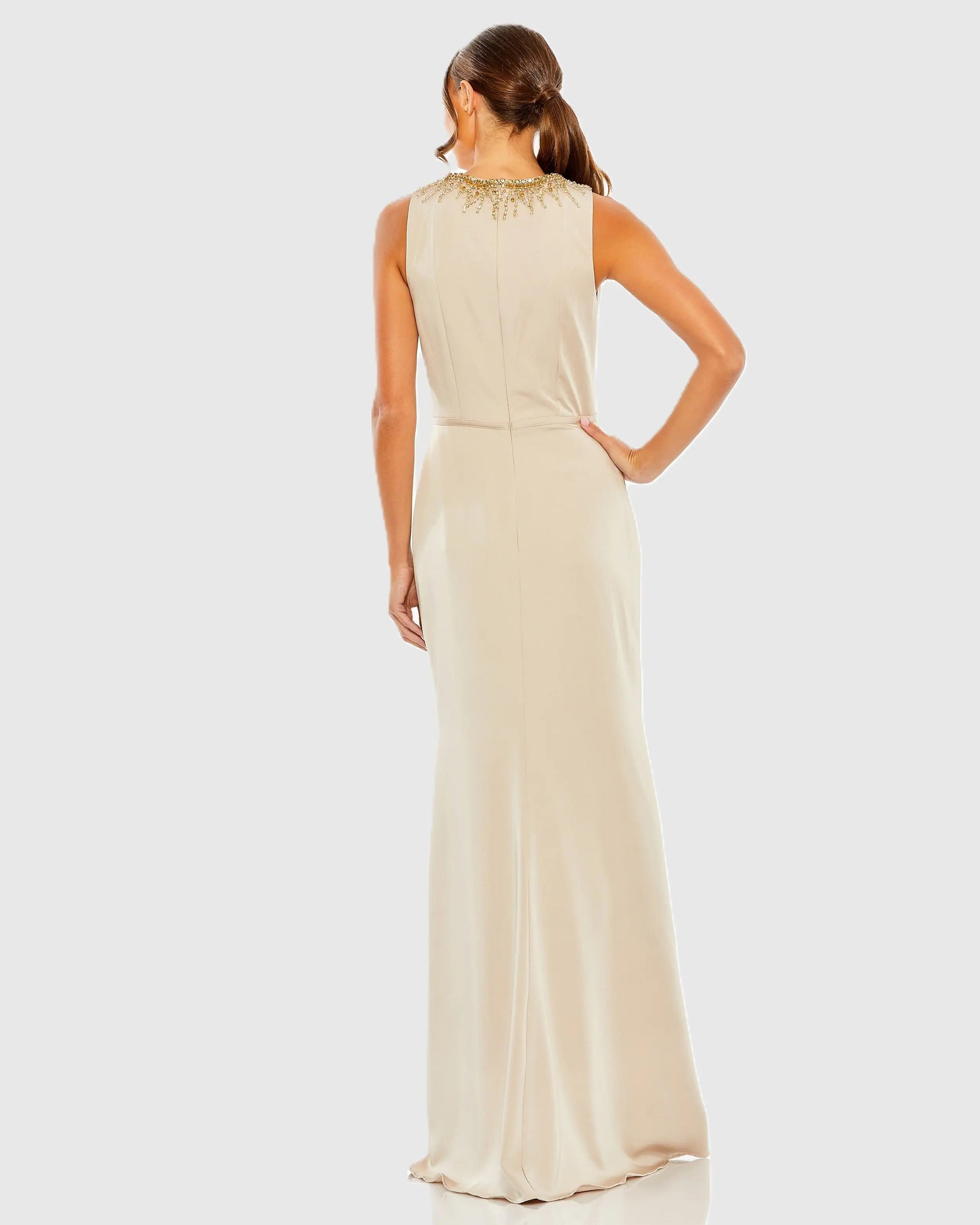 Beige High Neck Rhinestone Column Gown With Slit - Back