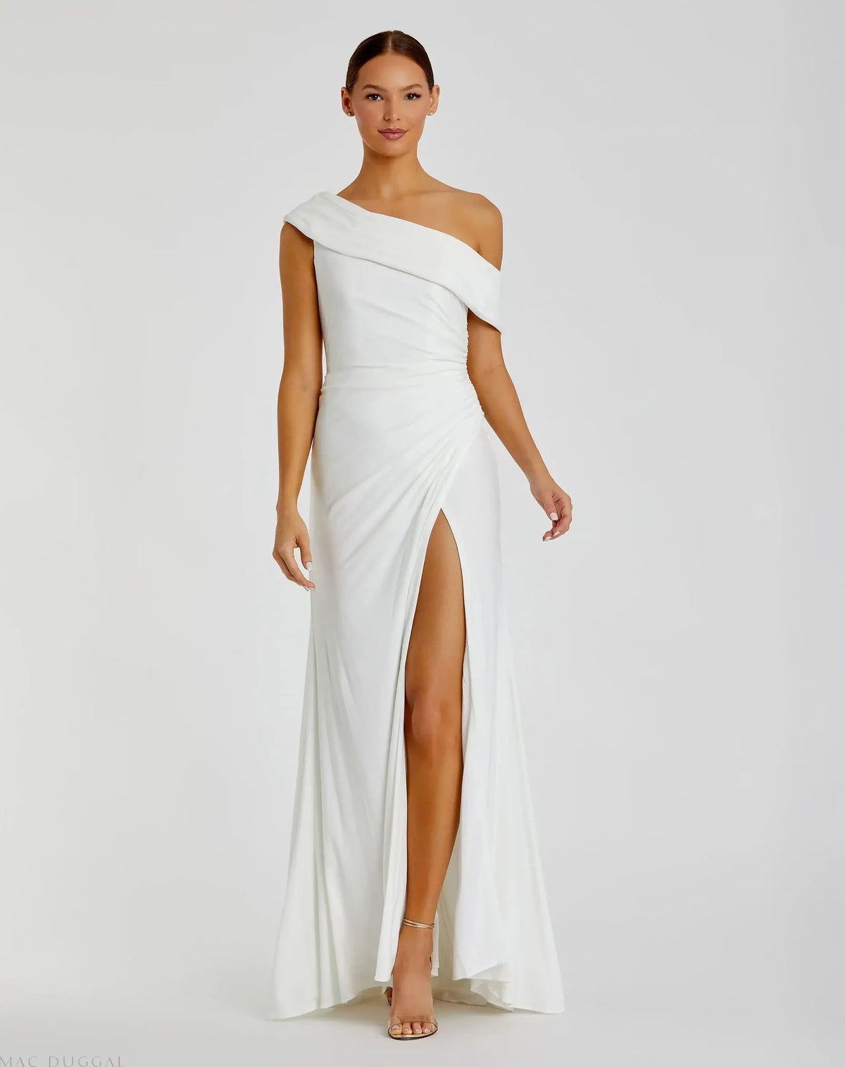 Mac Duggal 26517 White one shoulder gown - front