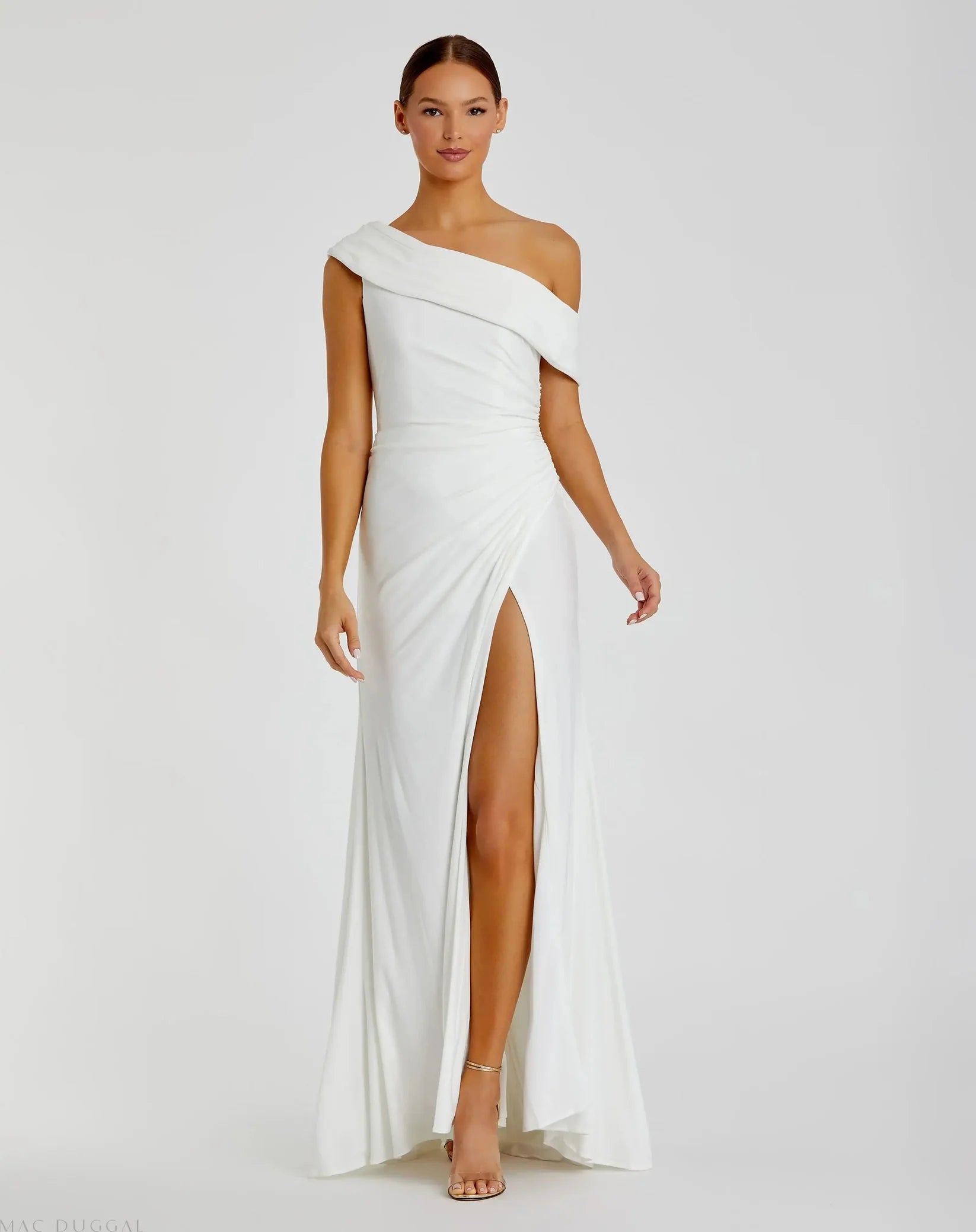 Mac Duggal 26517 White one shoulder gown - front